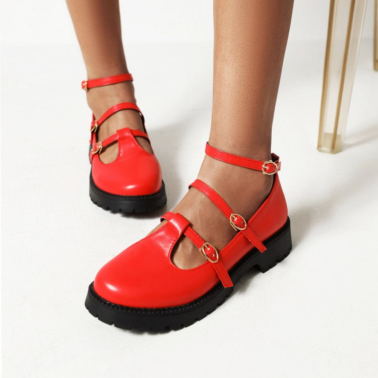 Ladies Pumps Retro Round Toe T Strap Buckles Belts Puppy Heel Platform Chunky Heels Shoes