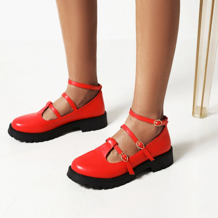 Ladies Pumps Retro Round Toe T Strap Buckles Belts Puppy Heel Platform Chunky Heels Shoes