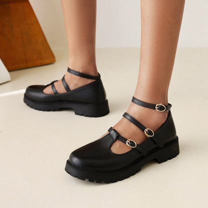 Ladies Pumps Retro Round Toe T Strap Buckles Belts Puppy Heel Platform Chunky Heels Shoes