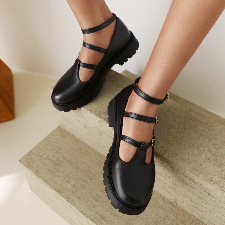 Ladies Pumps Retro Round Toe T Strap Buckles Belts Puppy Heel Platform Chunky Heels Shoes