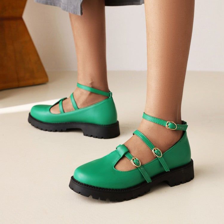 Ladies Pumps Retro Round Toe T Strap Buckles Belts Puppy Heel Platform Chunky Heels Shoes