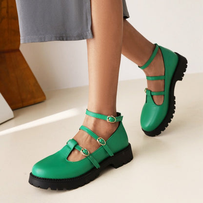 Ladies Pumps Retro Round Toe T Strap Buckles Belts Puppy Heel Platform Chunky Heels Shoes