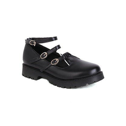 Ladies Pumps Retro Round Toe T Strap Buckles Belts Puppy Heel Platform Chunky Heels Shoes