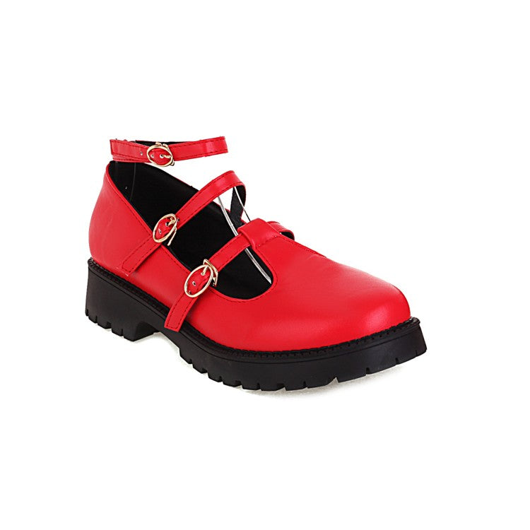 Ladies Pumps Retro Round Toe T Strap Buckles Belts Puppy Heel Platform Chunky Heels Shoes