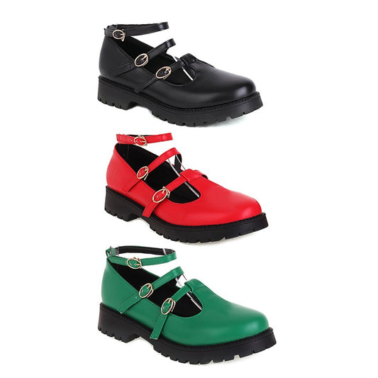 Ladies Pumps Retro Round Toe T Strap Buckles Belts Puppy Heel Platform Chunky Heels Shoes