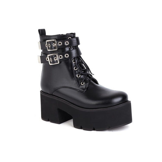 Ladies Glossy Round Toe Tied Belts Buckles Belts Block Heel Platform Short Boots