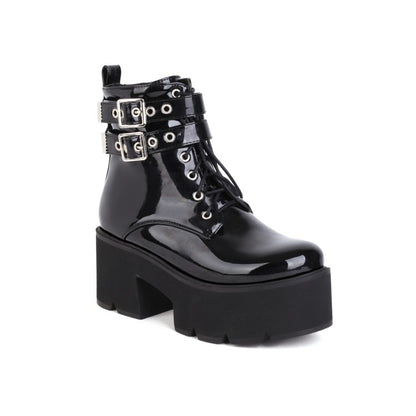 Ladies Glossy Round Toe Tied Belts Buckles Belts Block Heel Platform Short Boots