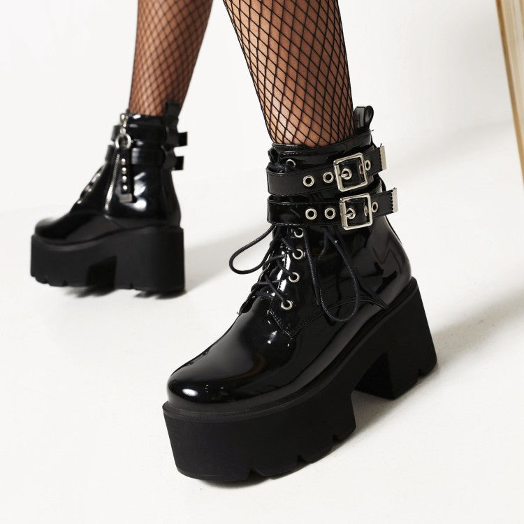 Ladies Glossy Round Toe Tied Belts Buckles Belts Block Heel Platform Short Boots