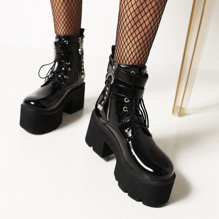 Ladies Glossy Round Toe Tied Belts Buckles Belts Block Heel Platform Short Boots