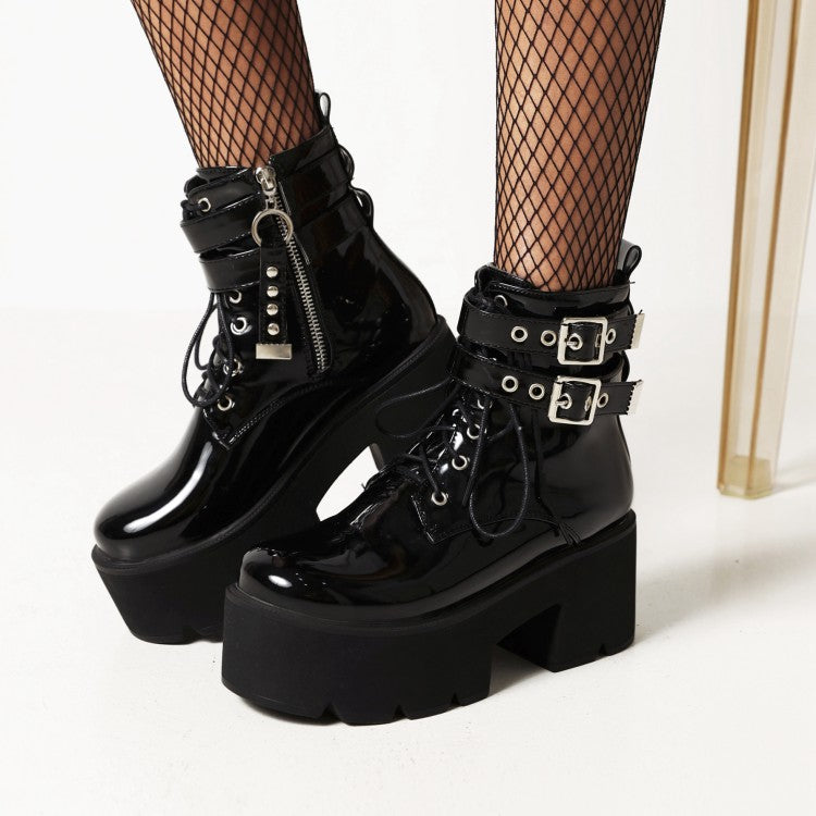 Ladies Glossy Round Toe Tied Belts Buckles Belts Block Heel Platform Short Boots