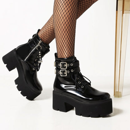 Ladies Glossy Round Toe Tied Belts Buckles Belts Block Heel Platform Short Boots