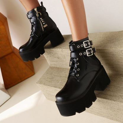 Ladies Glossy Round Toe Tied Belts Buckles Belts Block Heel Platform Short Boots