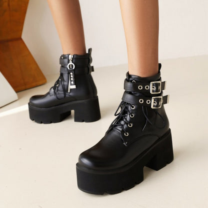 Ladies Glossy Round Toe Tied Belts Buckles Belts Block Heel Platform Short Boots