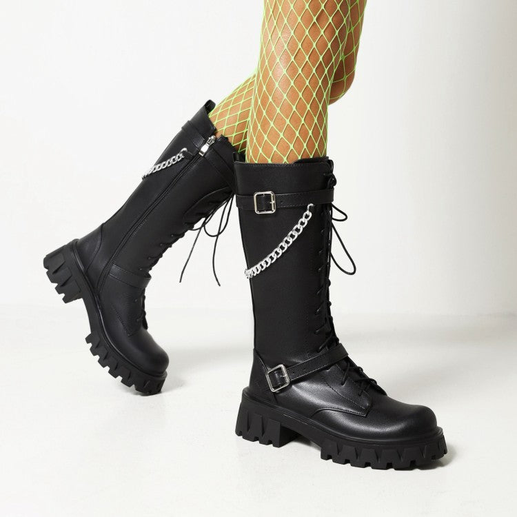 Glossy Round Toe Metal Chains Lace Up Side Zippers Block Chunky Heel Platform Mid Calf Boots for Women