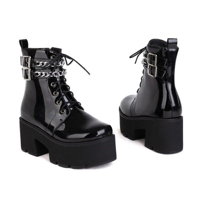 Ladies Square Toe Tied Belts Metal Chains Buckles Block Heel Platform Short Boots