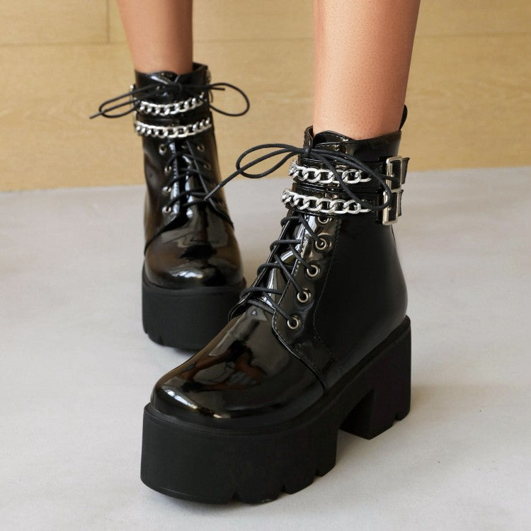 Ladies Square Toe Tied Belts Metal Chains Buckles Block Heel Platform Short Boots