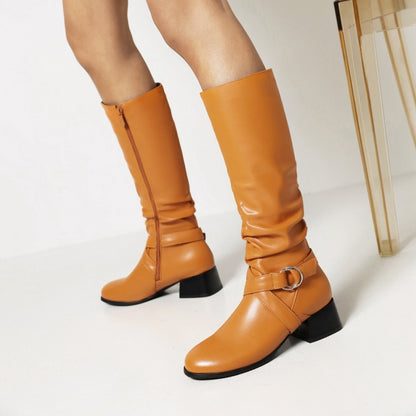 Ladies Pu Leather Belts Buckles Side Zippers Block Heel Knee High Boots