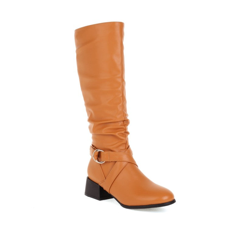 Ladies Pu Leather Belts Buckles Side Zippers Block Heel Knee High Boots