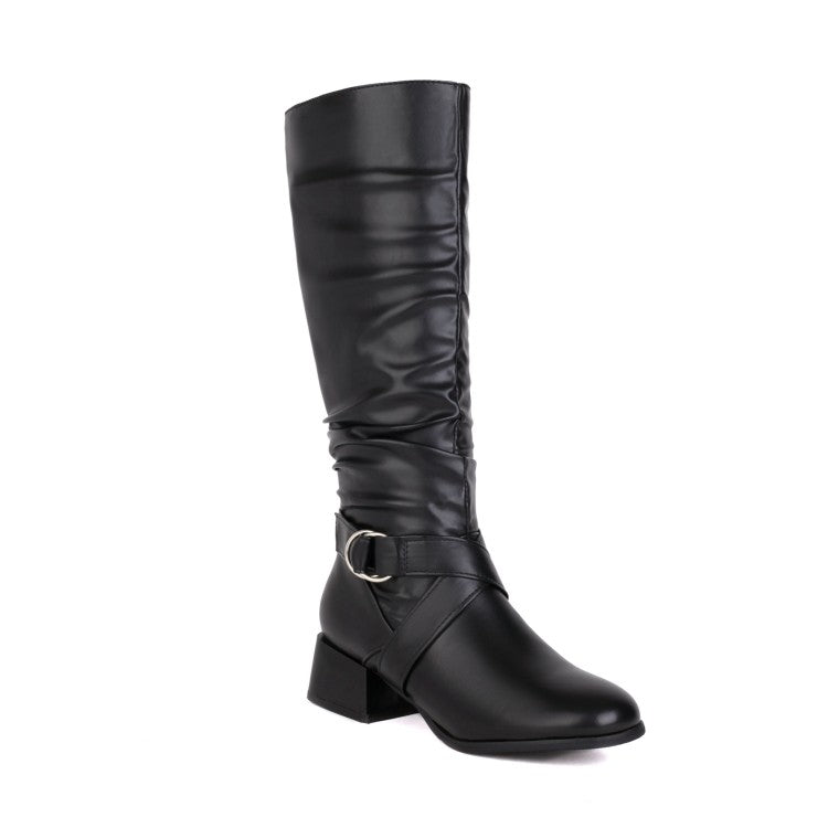 Ladies Pu Leather Belts Buckles Side Zippers Block Heel Knee High Boots