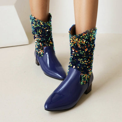 Ladies Glossy Pointed Toe Sequins Patchwork Square Heel Mid Calf Boots