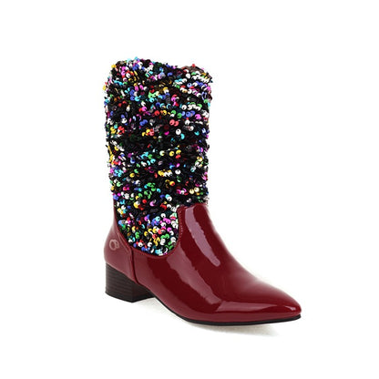 Ladies Glossy Pointed Toe Sequins Patchwork Square Heel Mid Calf Boots