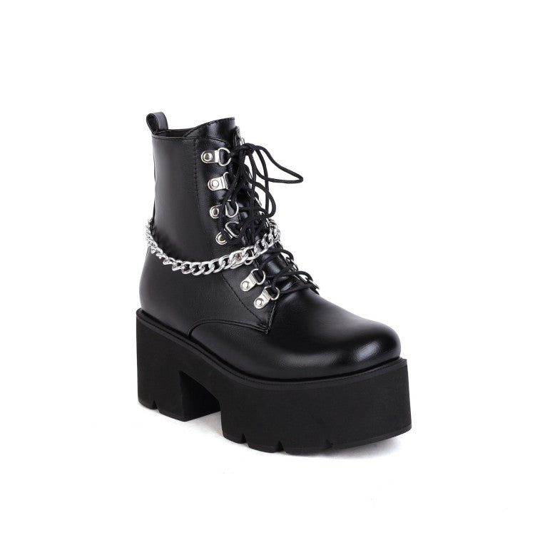 Ladies Pu Leather Metal Chains Lace Up Belts Block Heel Platform Short Boots