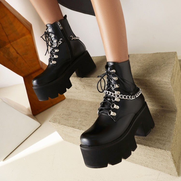 Ladies Pu Leather Metal Chains Lace Up Belts Block Heel Platform Short Boots