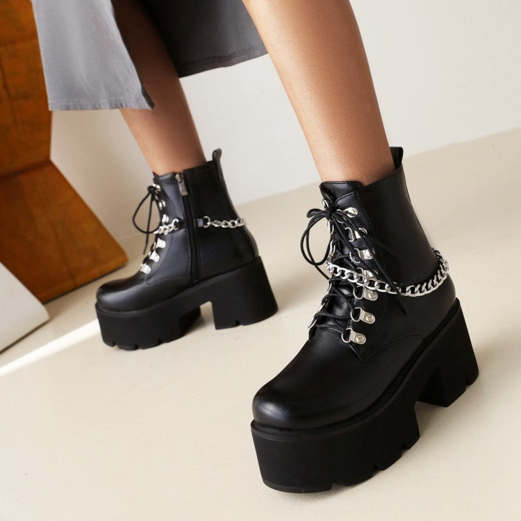 Ladies Pu Leather Metal Chains Lace Up Belts Block Heel Platform Short Boots