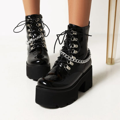 Ladies Pu Leather Metal Chains Lace Up Belts Block Heel Platform Short Boots