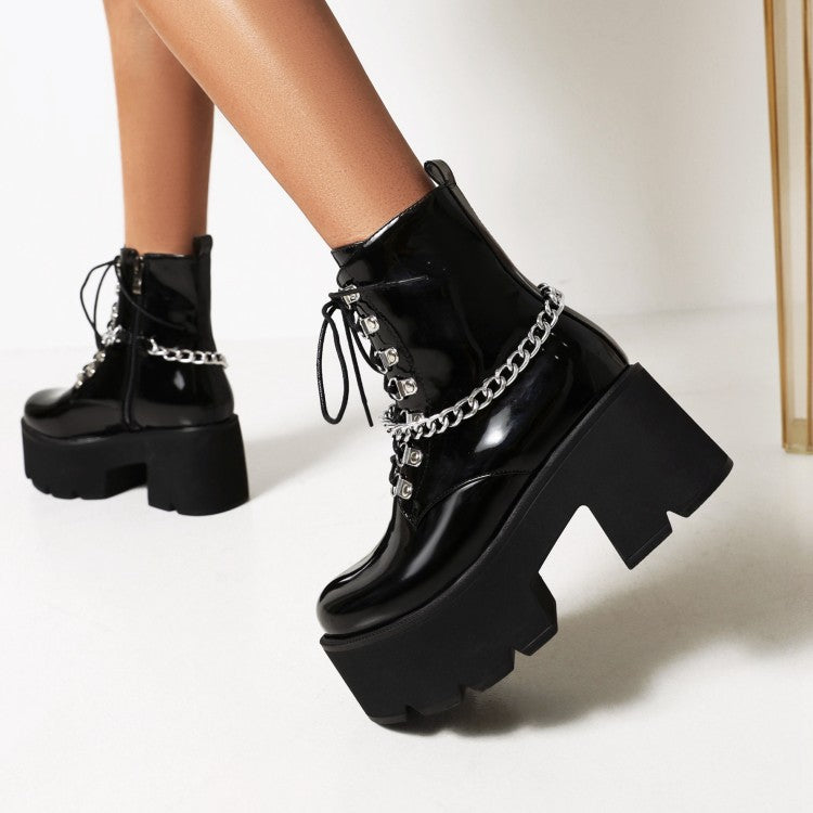 Ladies Pu Leather Metal Chains Lace Up Belts Block Heel Platform Short Boots