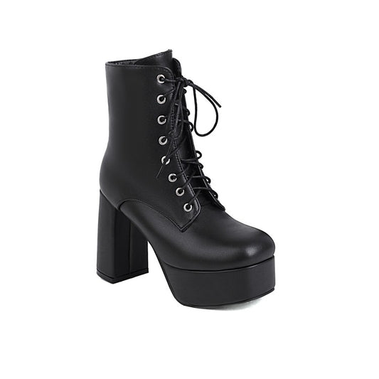 Pu Leather Round Toe Lace Up Side Zippers Block Chunky Heel Platform Short Boots for Women