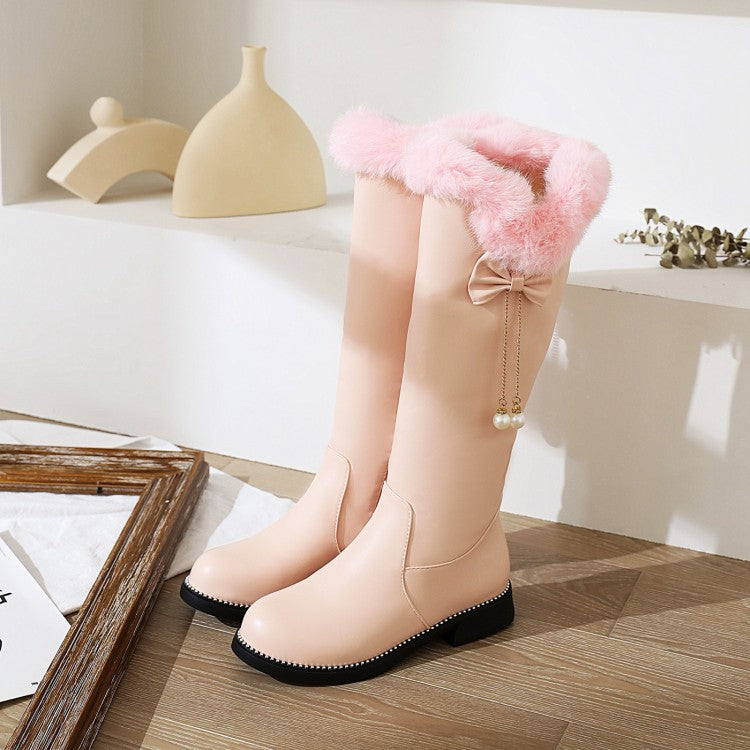 Bow Tie Fur Side Zippers Inside Heighten Block Heel Knee-High Boots for Women