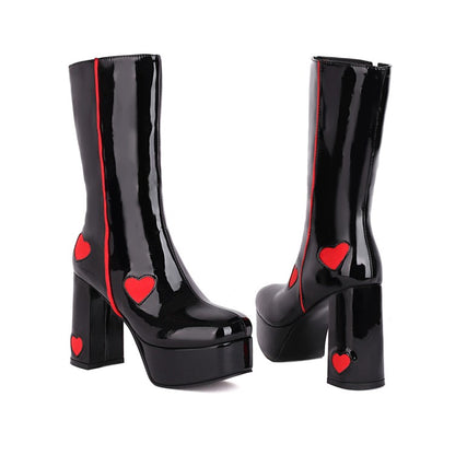 Glossy Round Toe Love Hearts Side Zippers Block Chunky Heel Platform Mid Calf Boots for Women