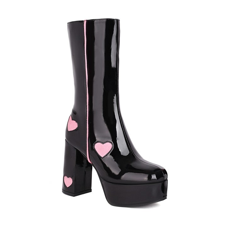 Glossy Round Toe Love Hearts Side Zippers Block Chunky Heel Platform Mid Calf Boots for Women