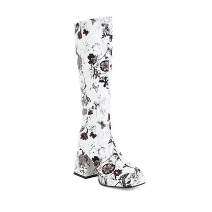 Pu Leather Square Toe Flora Printed Block Chunky Heel Platform Knee High Boots for Women