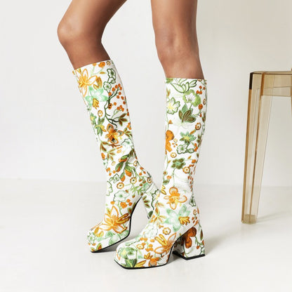 Pu Leather Square Toe Flora Printed Block Chunky Heel Platform Knee High Boots for Women