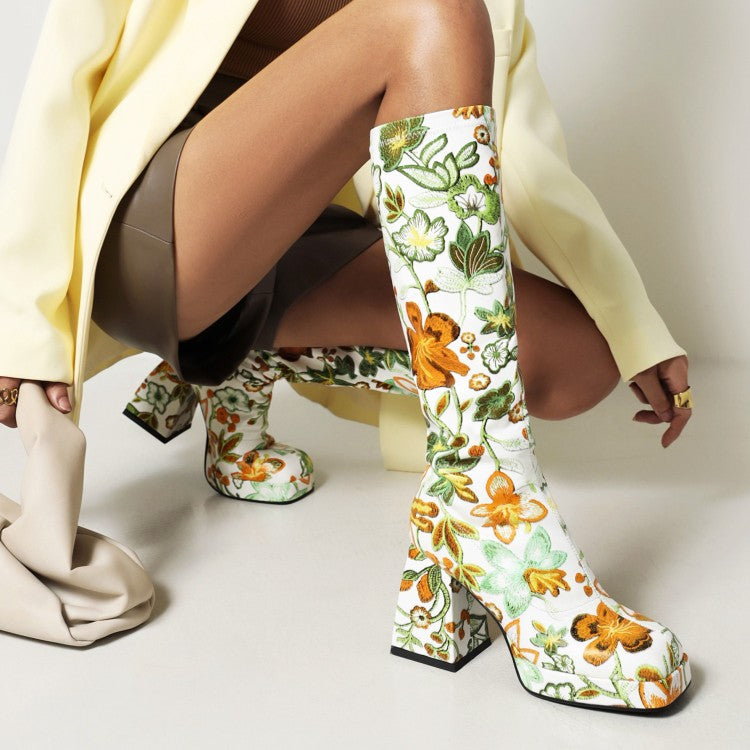 Pu Leather Square Toe Flora Printed Block Chunky Heel Platform Knee High Boots for Women