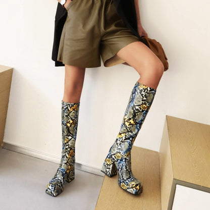 Snake-printed Pu Leather Square Toe Block Chunky Heel Platform Knee High Boots for Women