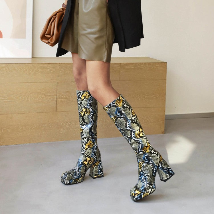 Snake-printed Pu Leather Square Toe Block Chunky Heel Platform Knee High Boots for Women