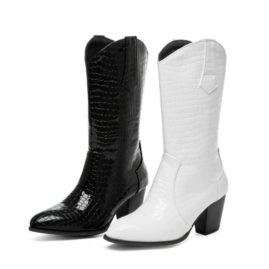 Glossy Crocodile Pattern Pointed Toe Puppy Heel Mid Calf Boots for Women