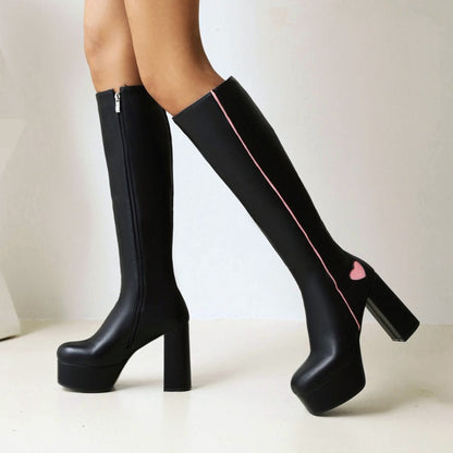 Pu Leather Square Toe Bicolor Love Hearts Side Zippers Block Chunky Heel Platform Knee High Boots for Women