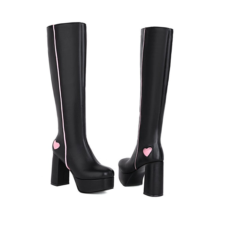 Pu Leather Square Toe Bicolor Love Hearts Side Zippers Block Chunky Heel Platform Knee High Boots for Women