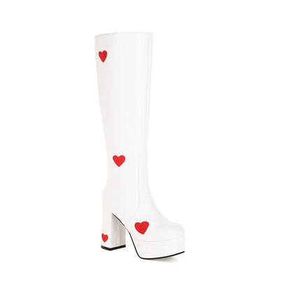 Glossy Round Toe Love Hearts Side Zippers Block Chunky Heel Platform Knee High Boots for Women