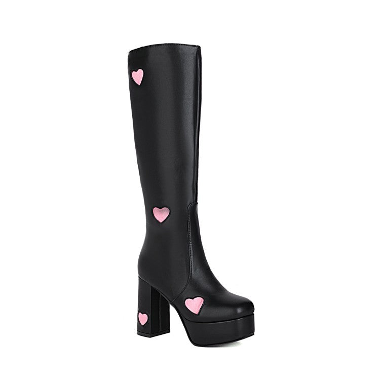 Glossy Round Toe Love Hearts Side Zippers Block Chunky Heel Platform Knee High Boots for Women