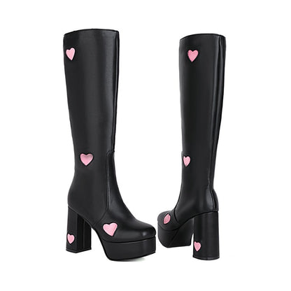 Glossy Round Toe Love Hearts Side Zippers Block Chunky Heel Platform Knee High Boots for Women