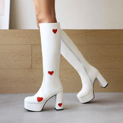 Glossy Round Toe Love Hearts Side Zippers Block Chunky Heel Platform Knee High Boots for Women