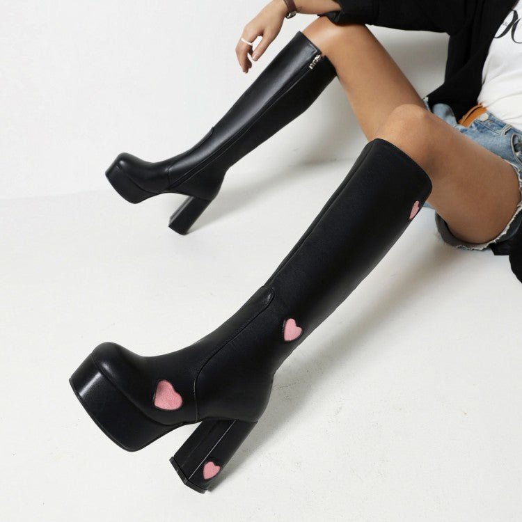 Glossy Round Toe Love Hearts Side Zippers Block Chunky Heel Platform Knee High Boots for Women