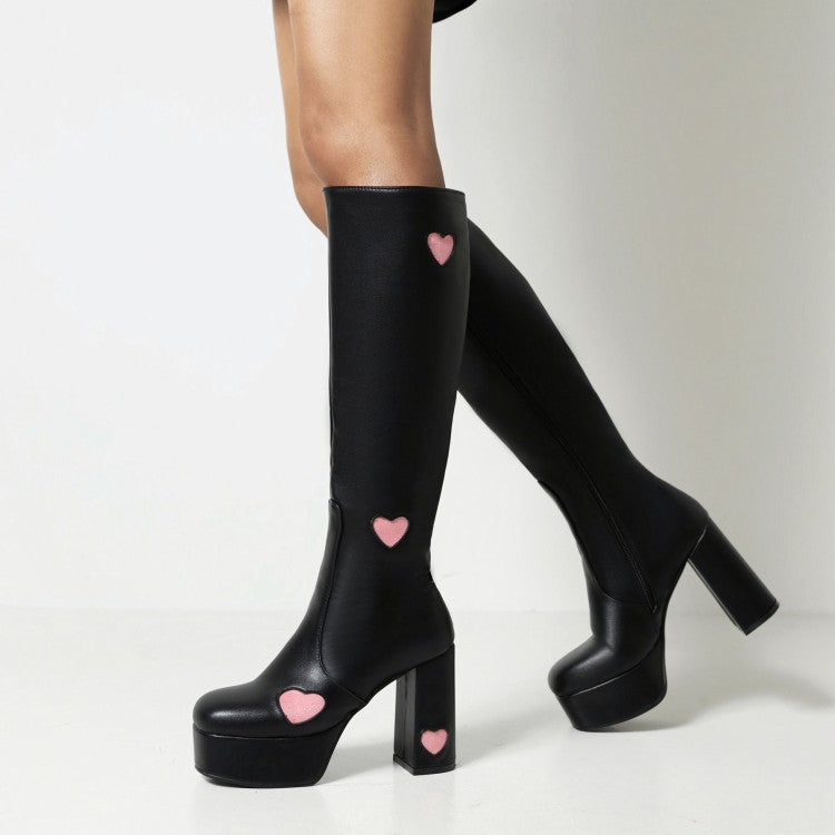 Glossy Round Toe Love Hearts Side Zippers Block Chunky Heel Platform Knee High Boots for Women