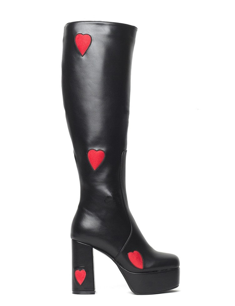 Glossy Round Toe Love Hearts Side Zippers Block Chunky Heel Platform Knee High Boots for Women