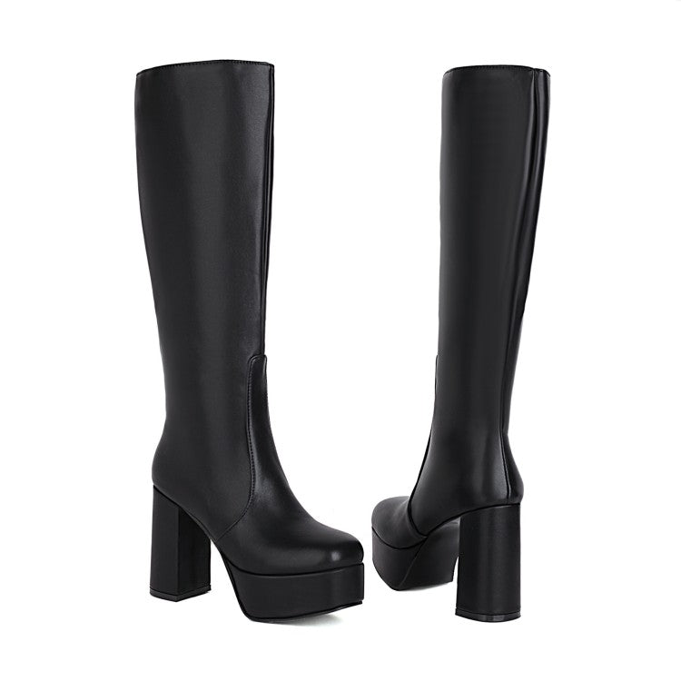 Pu Leather Square Toe Side Zippers Block Chunky Heel Platform Knee High Boots for Women